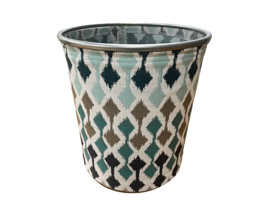 White, Blue, Tan, and Brown Decorative Waste Basket Bin