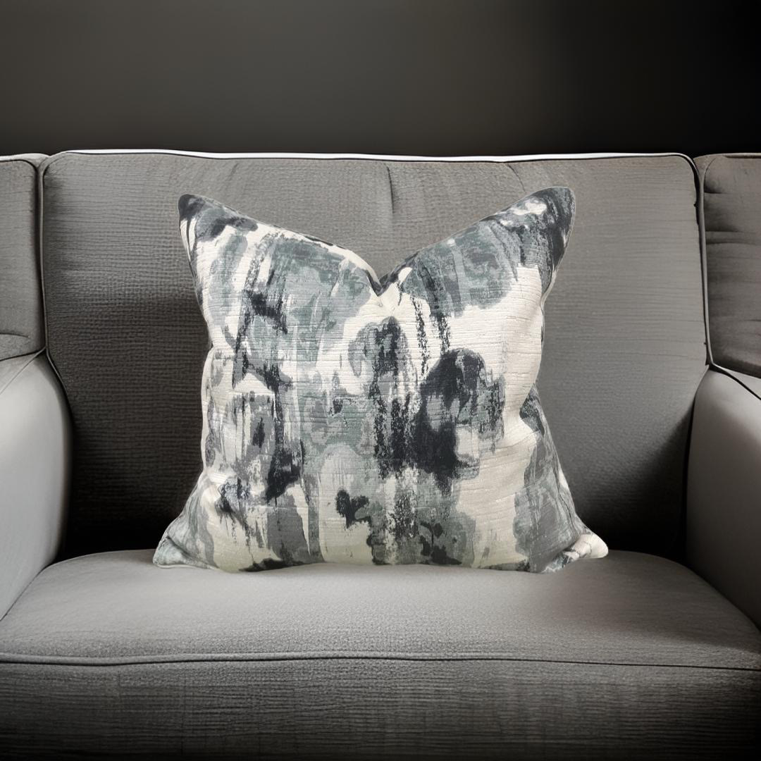 Cream Blue and Grey Velvet Abstract 18X18" Knife Edge Decorative Pillow