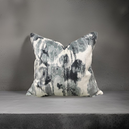 Cream Blue and Grey Velvet Abstract 18X18" Knife Edge Decorative Pillow