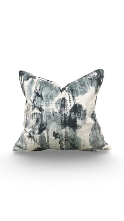 Cream Blue and Grey Velvet Abstract 18X18" Knife Edge Decorative Pillow